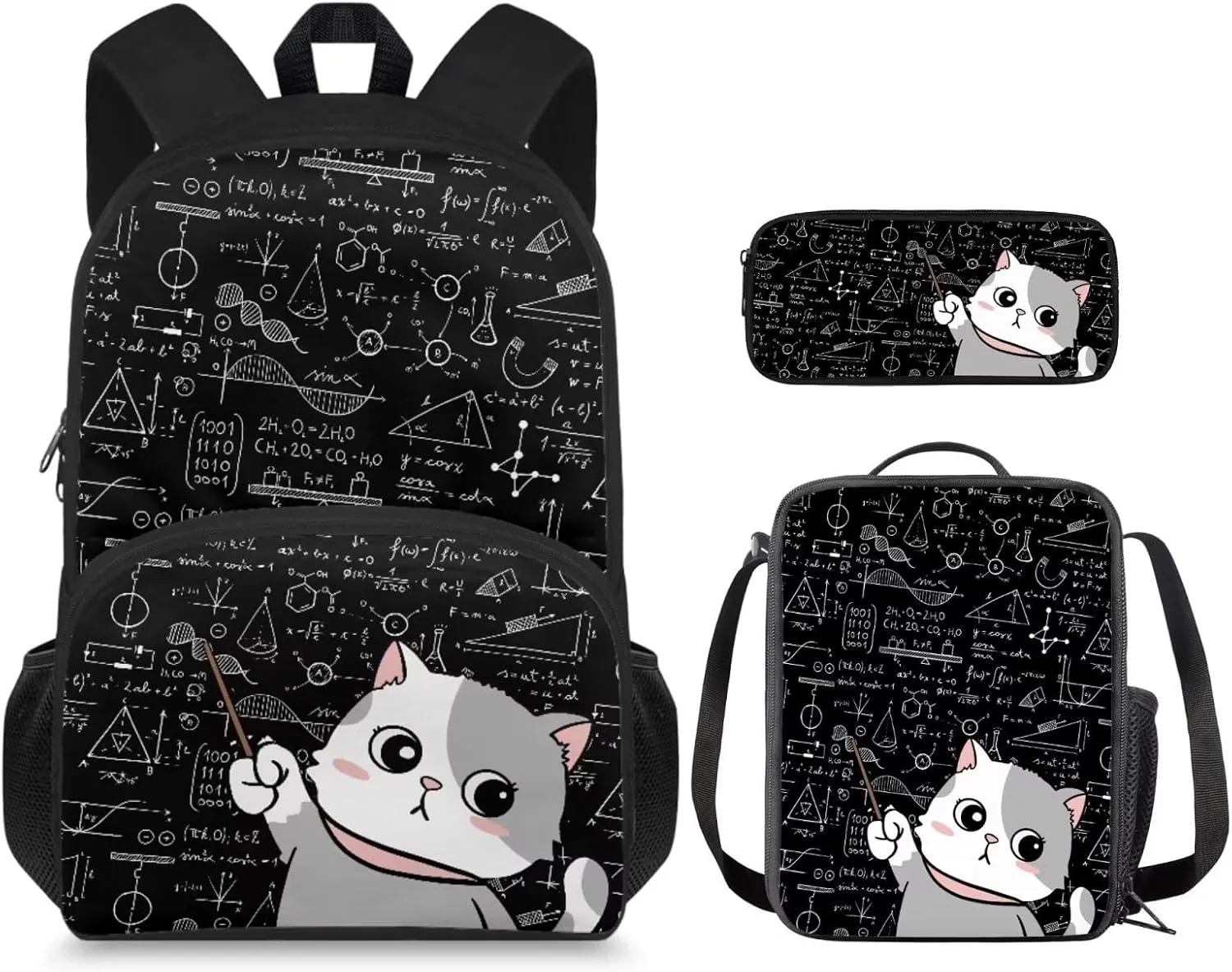 Cat Backpack for School Girls Backpack with Lunch Box and Kawaii Pencil Case 3PCS Casual Daypack Backpacks Cute Bookbag with Front Pocket 15 inch Large Capacity School Bag for Elementary Girls