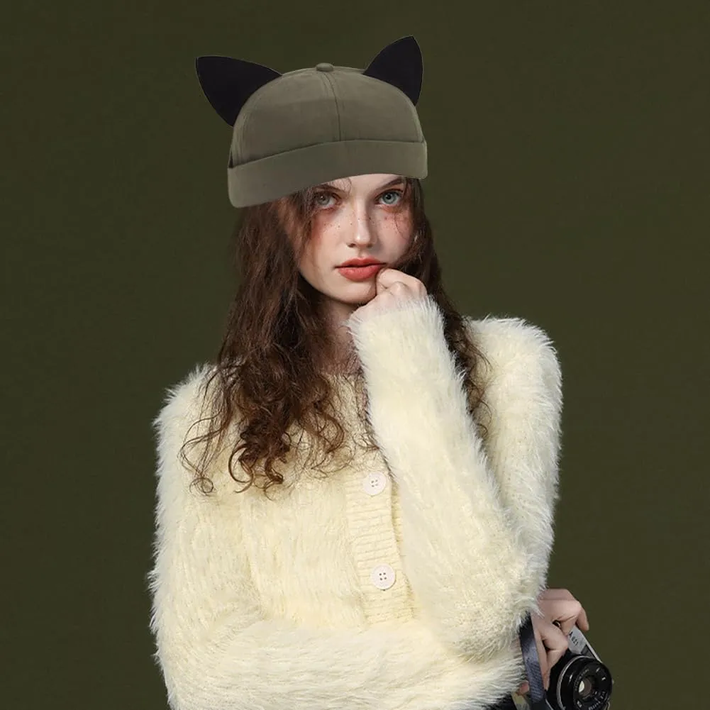Cat Ear Docker Cap Brimless Hats Beanie for Women Men Skull Cap Worker Sailor Cap Rolled Cuff Retro Docker Hat
