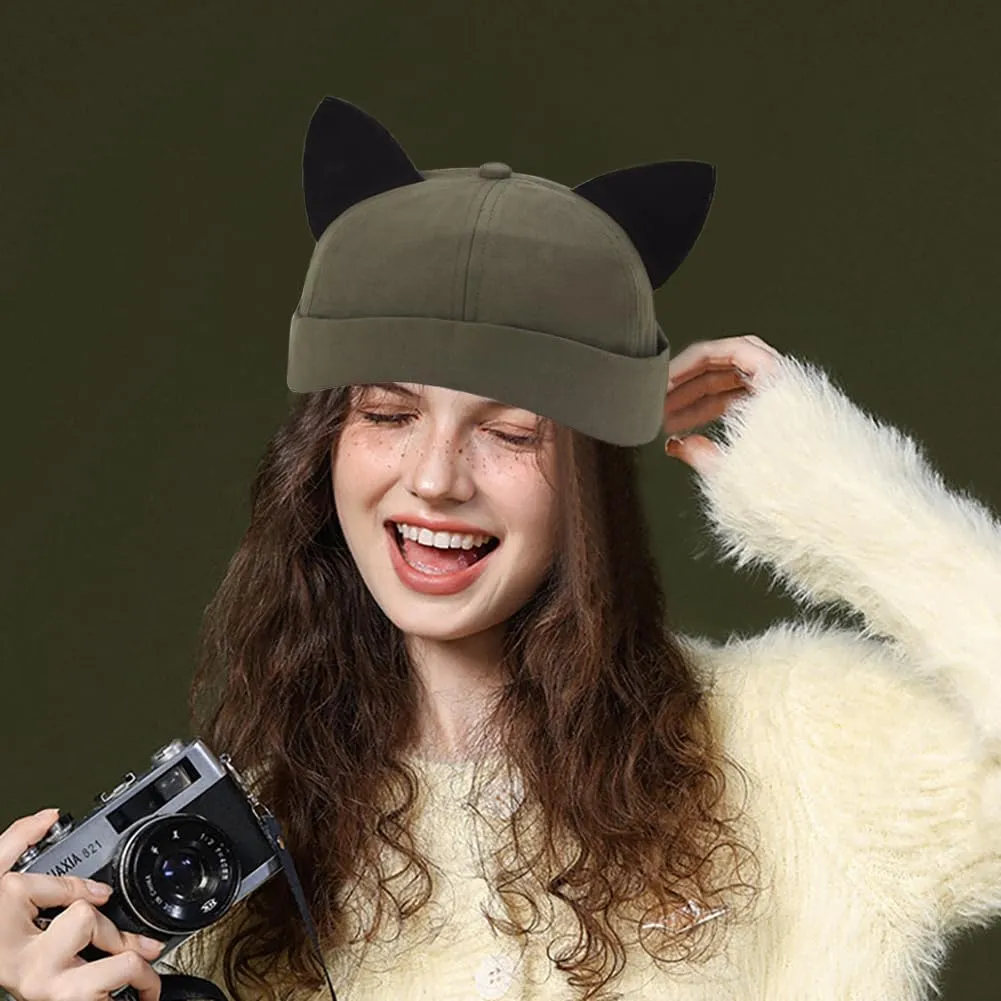 Cat Ear Docker Cap Brimless Hats Beanie for Women Men Skull Cap Worker Sailor Cap Rolled Cuff Retro Docker Hat