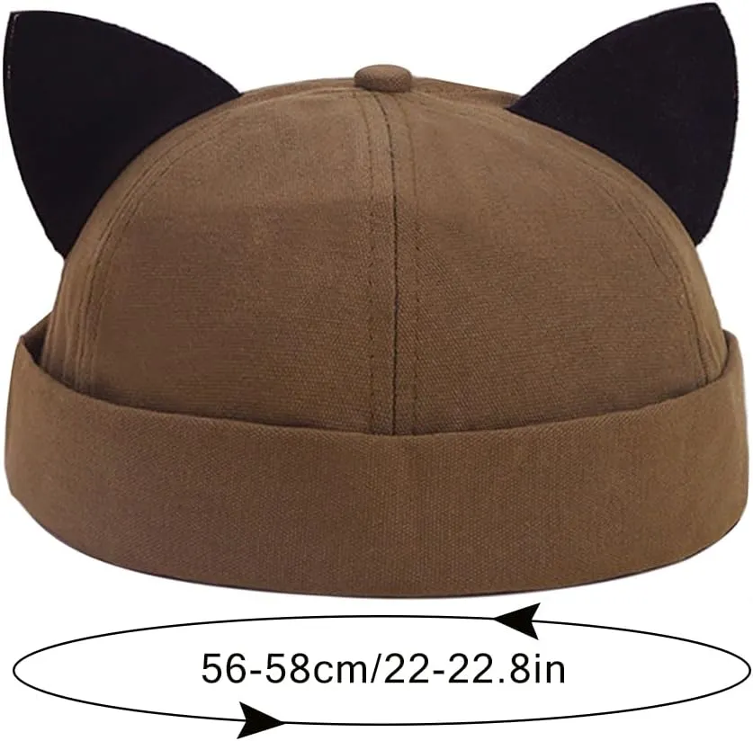 Cat Ear Docker Cap Brimless Hats Beanie for Women Men Skull Cap Worker Sailor Cap Rolled Cuff Retro Docker Hat