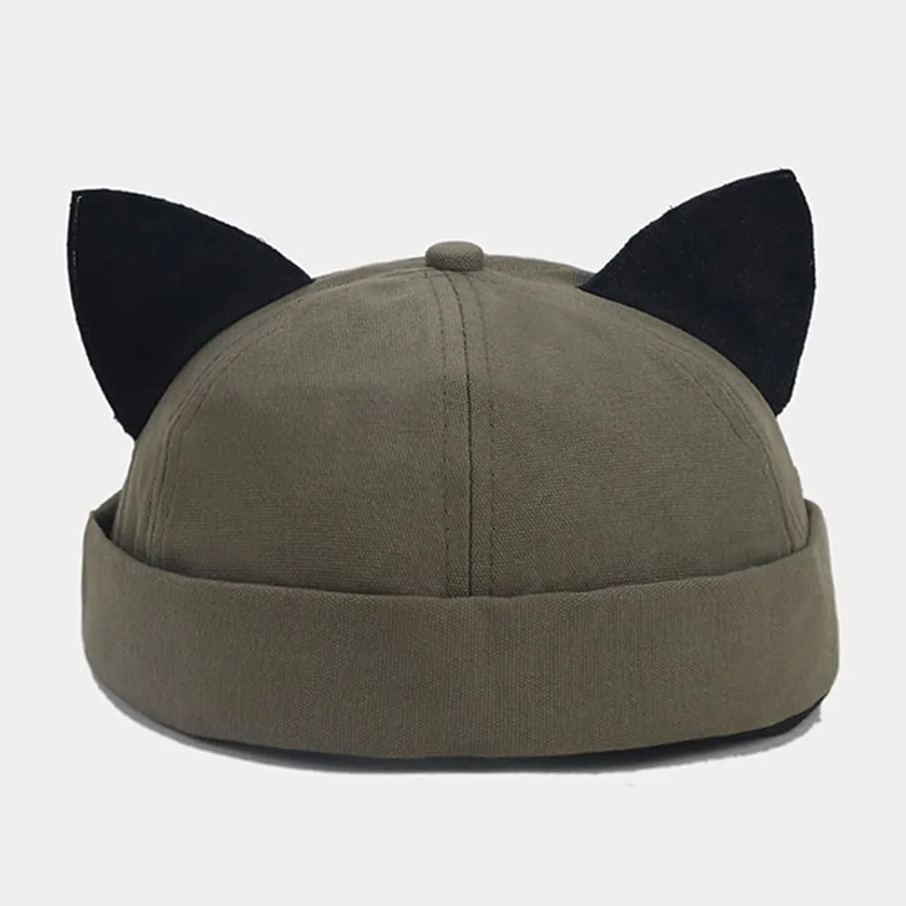Cat Ear Docker Cap Brimless Hats Beanie for Women Men Skull Cap Worker Sailor Cap Rolled Cuff Retro Docker Hat