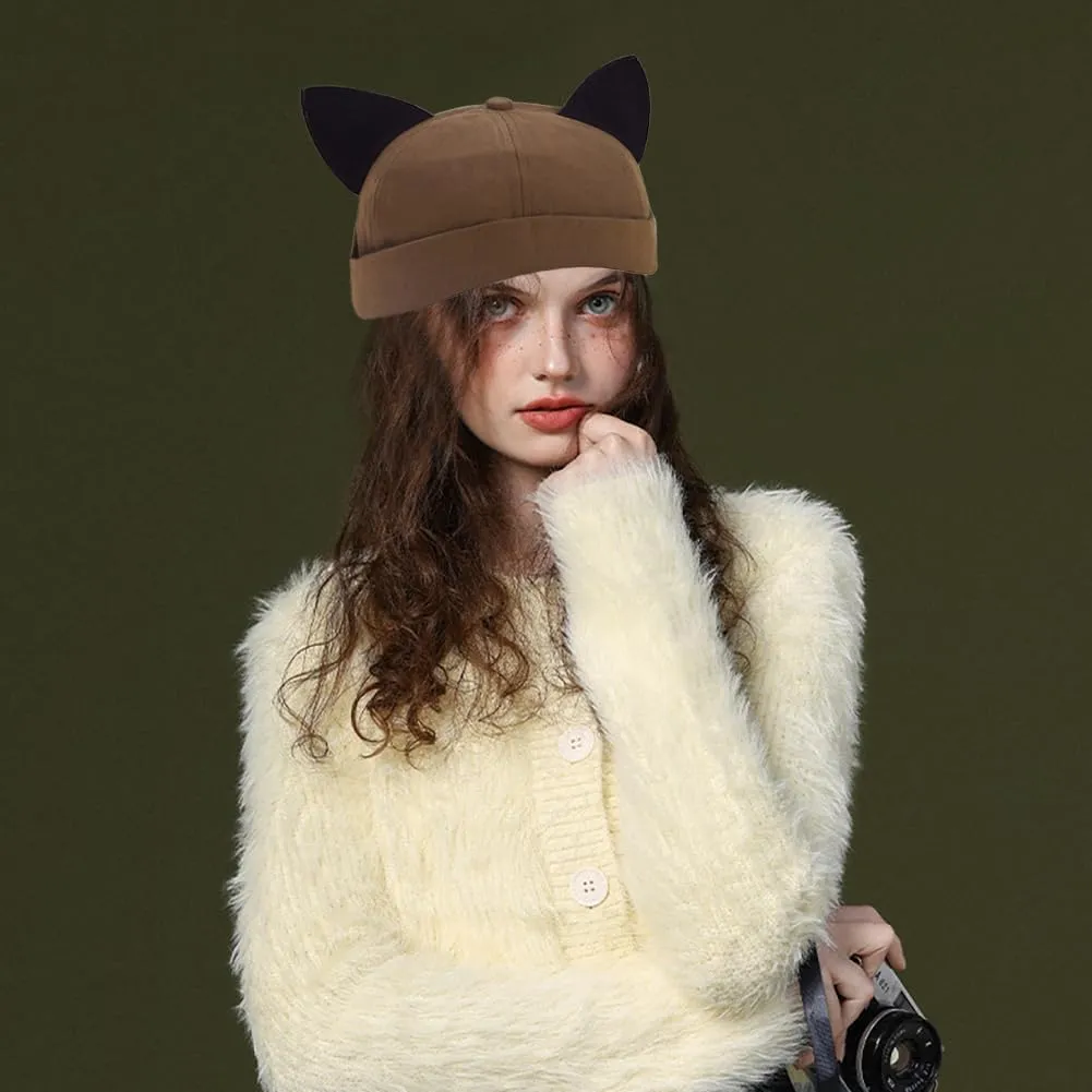 Cat Ear Docker Cap Brimless Hats Beanie for Women Men Skull Cap Worker Sailor Cap Rolled Cuff Retro Docker Hat