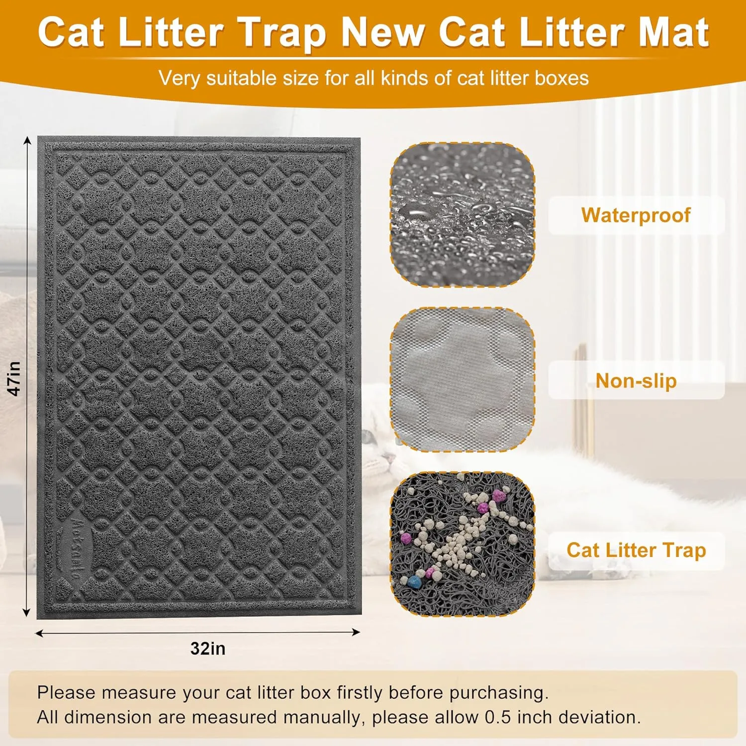Cat Litter Box Mat, 47" x 32" XL Large Kitty Litter Trapping Mat Keep Floor Clean, Litter Box Mat Scatter Control, Waterproof, Easy to Clean, Durable Large Size Litter Mats for Floor