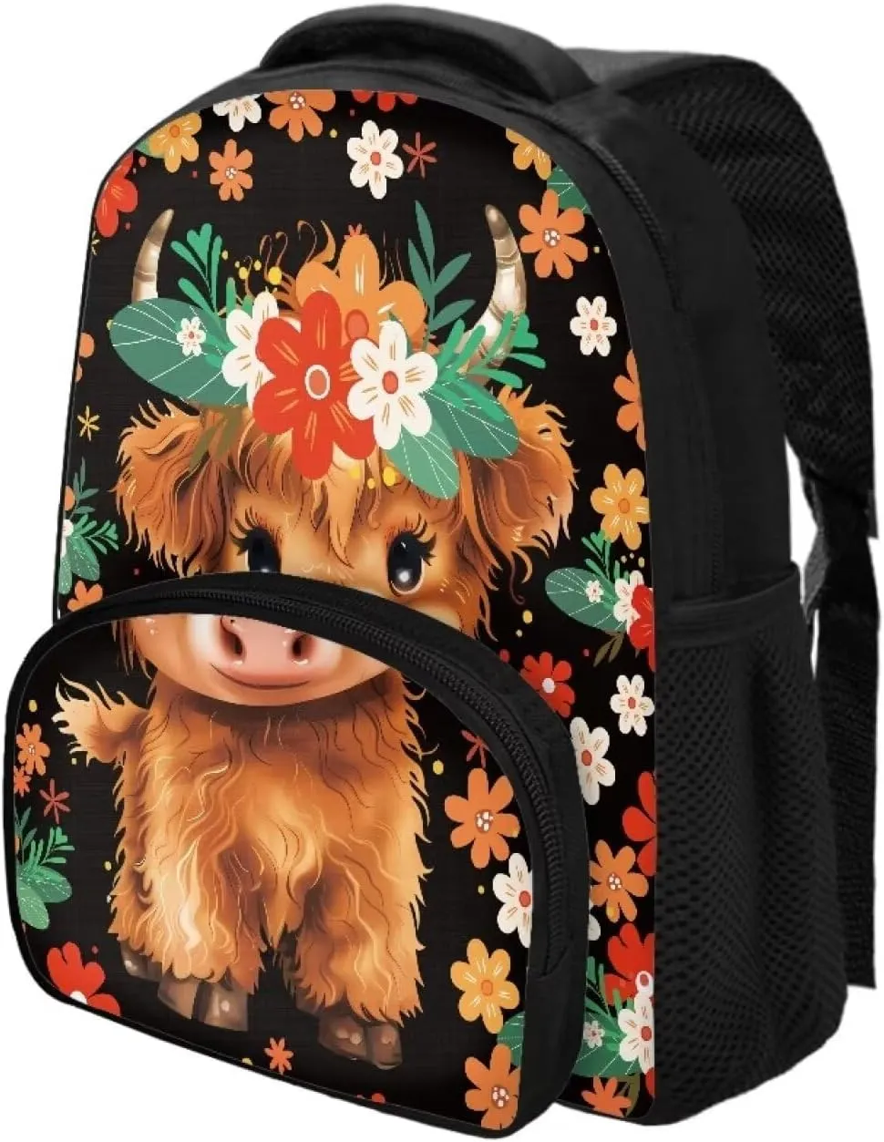 Cattle Backpack for Boys Girls Small Flowers Book Bag with Bottle Mesh Pocket 12 inches Large Capacity Bookbags Slim Lightweight Outdoor High School Large Capacity Schoolbags