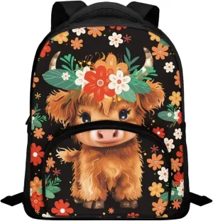 Cattle Backpack for Boys Girls Small Flowers Book Bag with Bottle Mesh Pocket 12 inches Large Capacity Bookbags Slim Lightweight Outdoor High School Large Capacity Schoolbags