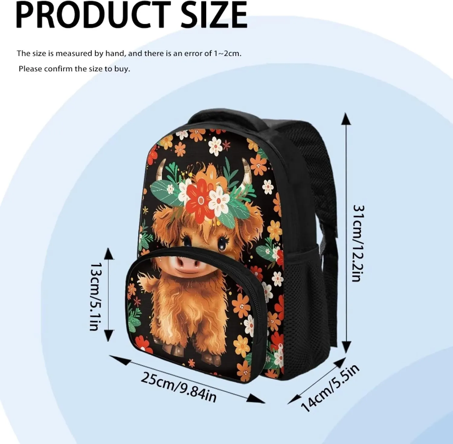 Cattle Backpack for Boys Girls Small Flowers Book Bag with Bottle Mesh Pocket 12 inches Large Capacity Bookbags Slim Lightweight Outdoor High School Large Capacity Schoolbags