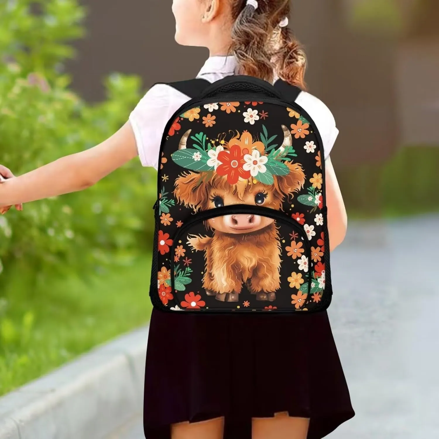 Cattle Backpack for Boys Girls Small Flowers Book Bag with Bottle Mesh Pocket 12 inches Large Capacity Bookbags Slim Lightweight Outdoor High School Large Capacity Schoolbags