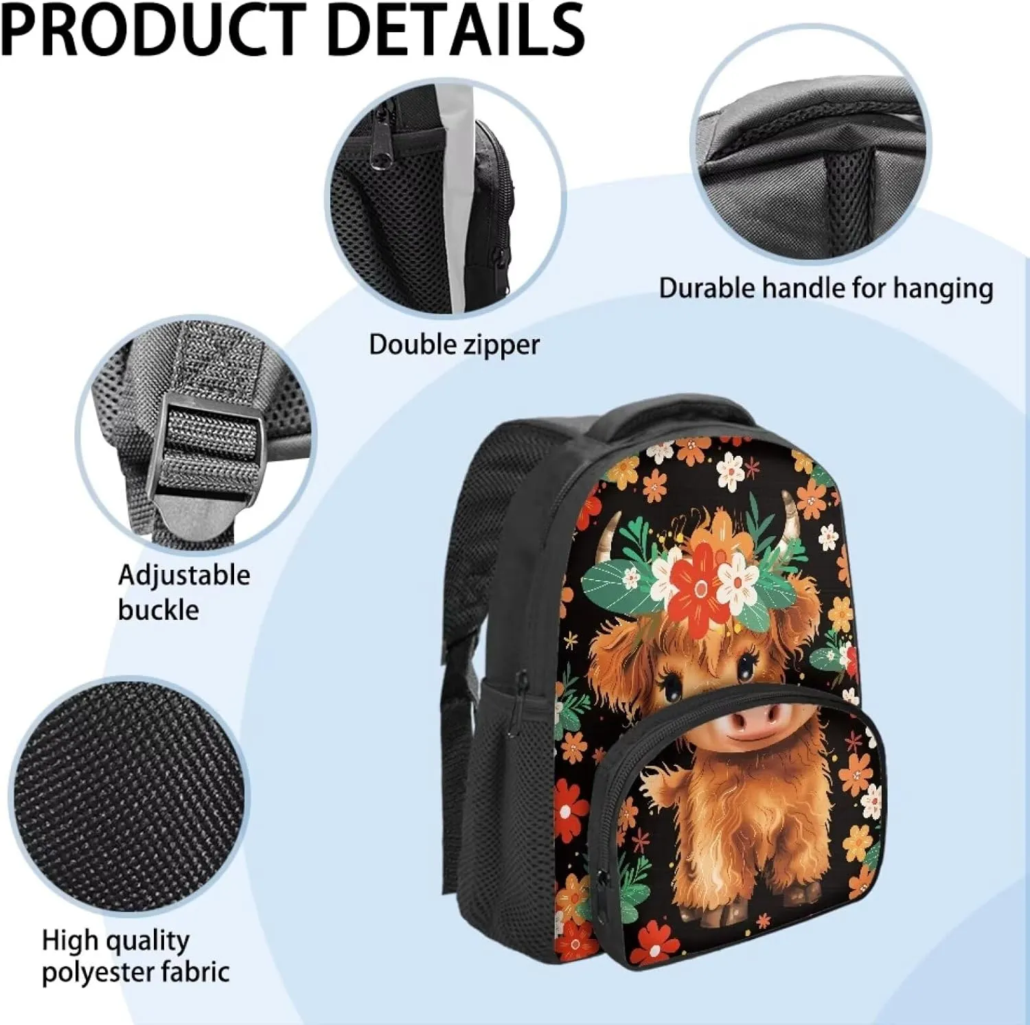 Cattle Backpack for Boys Girls Small Flowers Book Bag with Bottle Mesh Pocket 12 inches Large Capacity Bookbags Slim Lightweight Outdoor High School Large Capacity Schoolbags