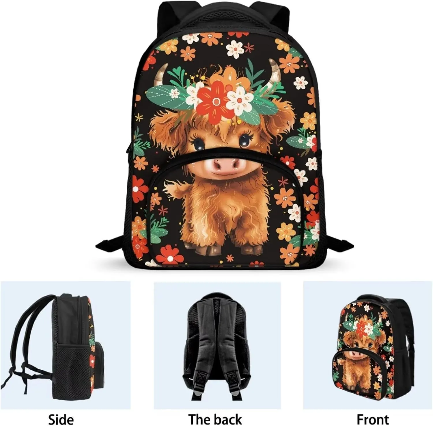 Cattle Backpack for Boys Girls Small Flowers Book Bag with Bottle Mesh Pocket 12 inches Large Capacity Bookbags Slim Lightweight Outdoor High School Large Capacity Schoolbags