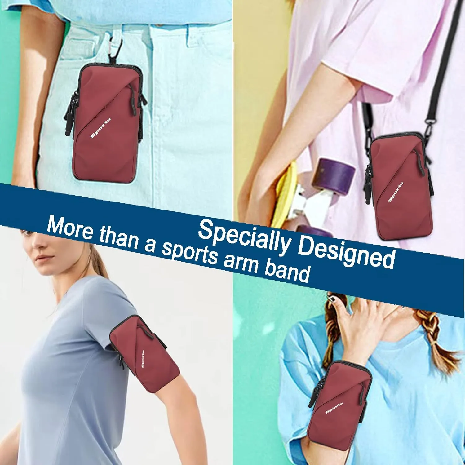 Cell Phone Holder Arm Band, Small Crossbody Shoulder Holsters Bag with Armband, Fits iPhone and All Cell Phones, Use for Running, Walking, Hiking & Biking (Plus Size,Red)