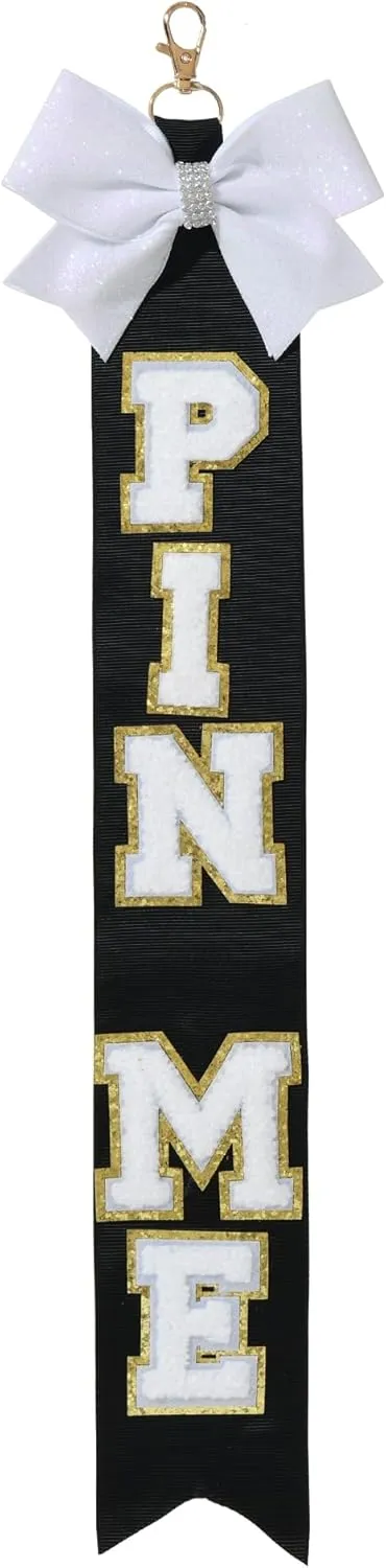 Cheerleader Pins Set, Clear Cheer Pins Bag with chenille 'CHEER PINS' lettering, 'PIN ME' Ribbon for Backpack. (Ribbon Only)