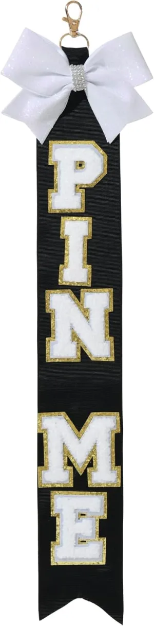 Cheerleader Pins Set, Clear Cheer Pins Bag with chenille 'CHEER PINS' lettering, 'PIN ME' Ribbon for Backpack. (Ribbon Only)