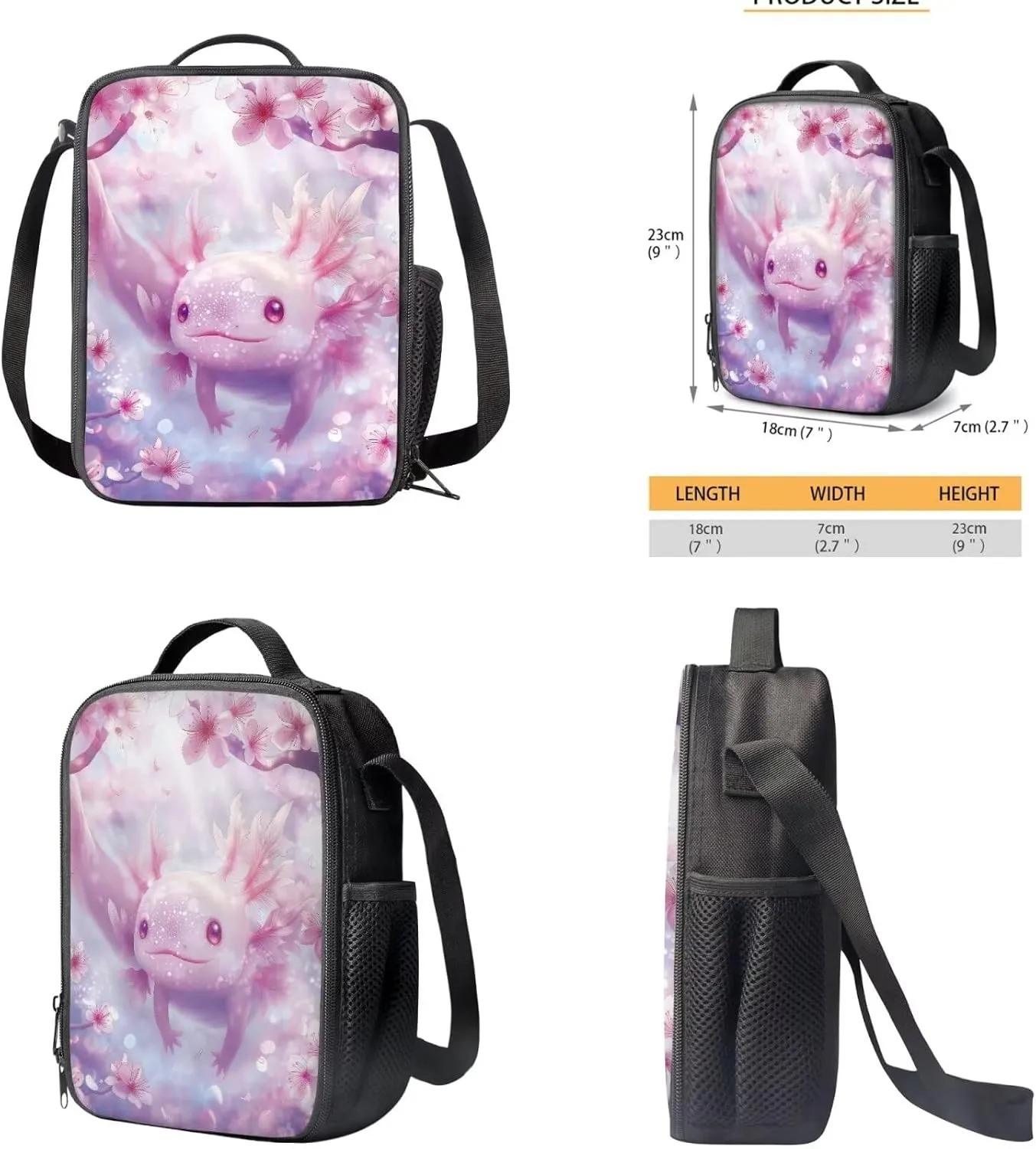 Cherry Blossom Axolotl Backpack for Girls Kids Backpack with Lunch Box and Aesthetic Pencil Case 3PCS Cute Bookbag Set for School 17" Large School Bag with Side Pocket Casual Daypack Backpacks