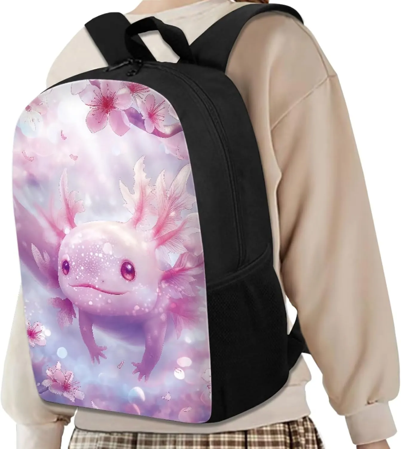 Cherry Blossom Axolotl Backpack for Girls Kids Backpack with Lunch Box and Aesthetic Pencil Case 3PCS Cute Bookbag Set for School 17" Large School Bag with Side Pocket Casual Daypack Backpacks