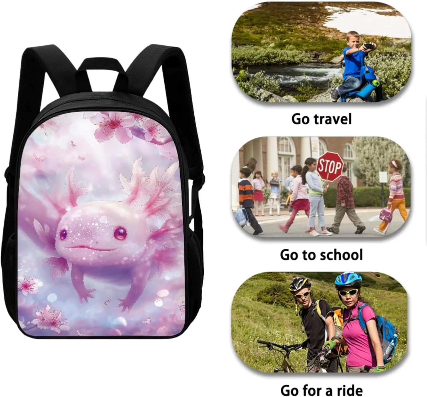 Cherry Blossom Axolotl Backpack for Girls Kids Backpack with Lunch Box and Aesthetic Pencil Case 3PCS Cute Bookbag Set for School 17" Large School Bag with Side Pocket Casual Daypack Backpacks