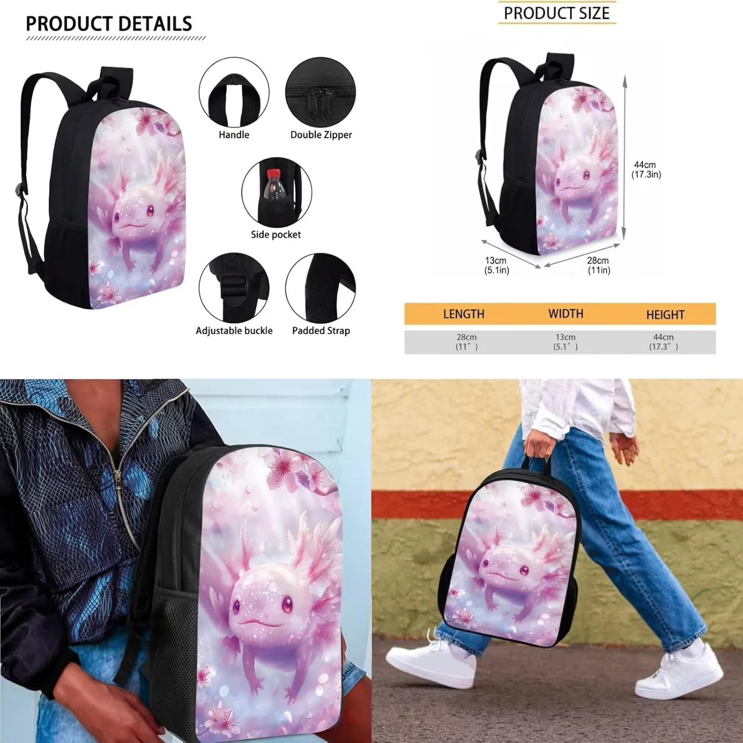 Cherry Blossom Axolotl Backpack for Girls Kids Backpack with Lunch Box and Aesthetic Pencil Case 3PCS Cute Bookbag Set for School 17" Large School Bag with Side Pocket Casual Daypack Backpacks