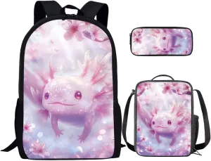 Cherry Blossom Axolotl Backpack for Girls Kids Backpack with Lunch Box and Aesthetic Pencil Case 3PCS Cute Bookbag Set for School 17" Large School Bag with Side Pocket Casual Daypack Backpacks