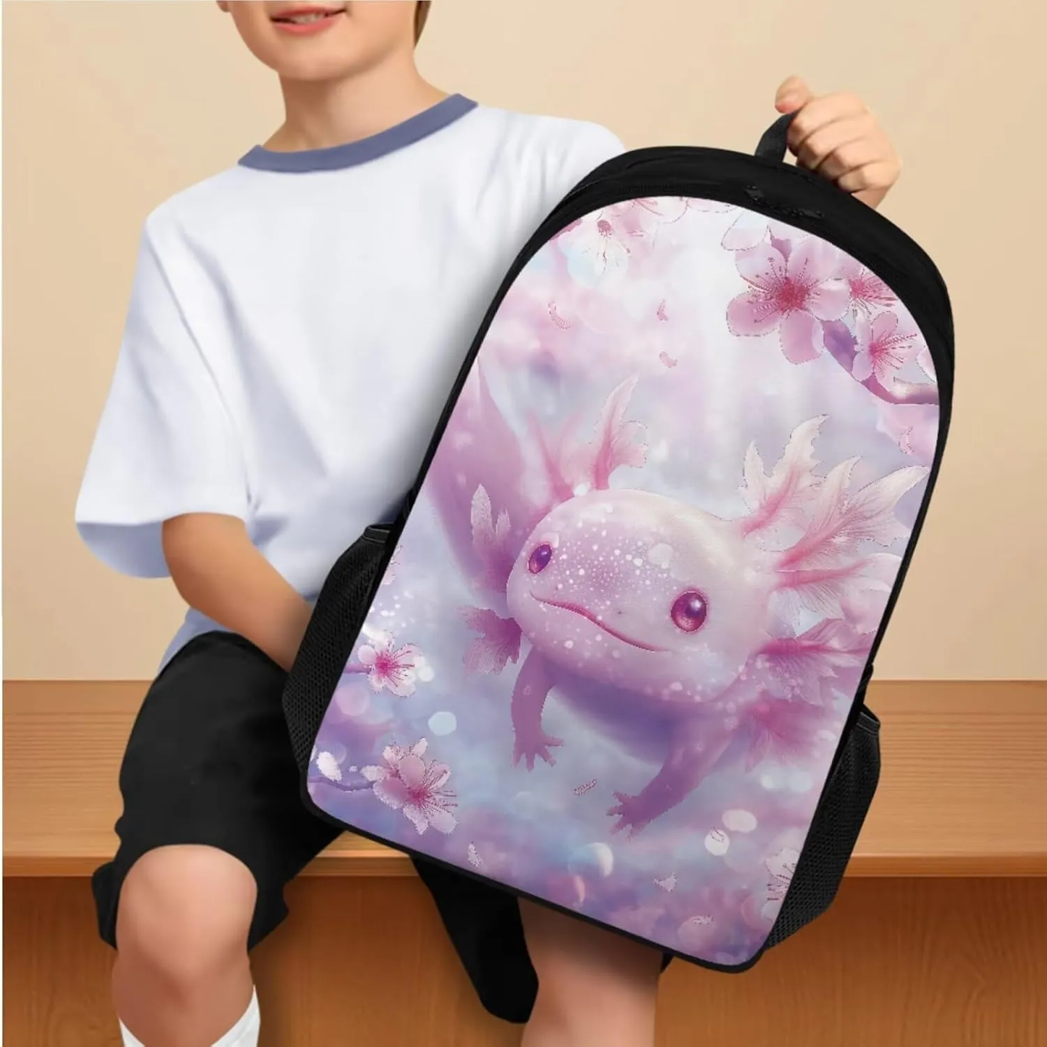Cherry Blossom Axolotl Backpack for Girls Kids Backpack with Lunch Box and Aesthetic Pencil Case 3PCS Set Kawaii Bookbag with Compartments for School 17 inch Cute School Bag with Side Pocket