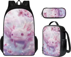 Cherry Blossom Axolotl Backpack for Girls Kids Backpack with Lunch Box and Aesthetic Pencil Case 3PCS Set Kawaii Bookbag with Compartments for School 17 inch Cute School Bag with Side Pocket