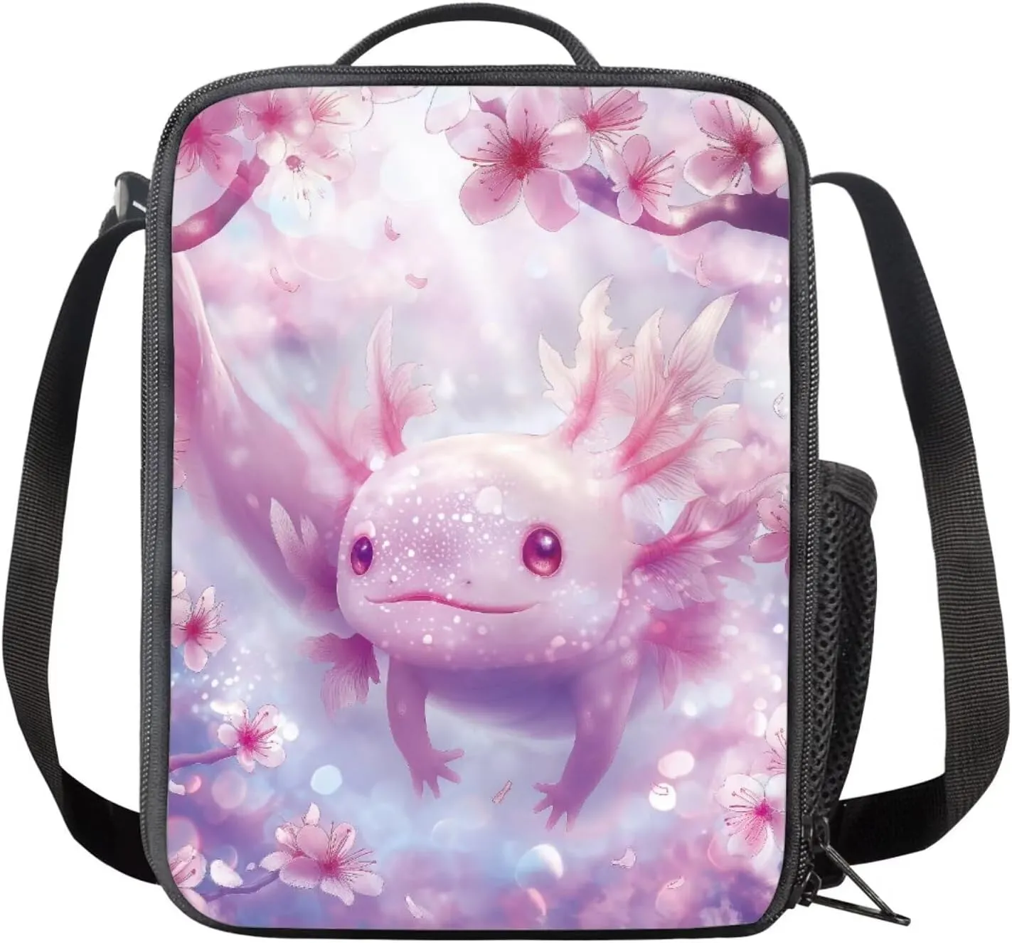 Cherry Blossom Axolotl Backpack for Girls Kids Backpack with Lunch Box and Aesthetic Pencil Case 3PCS Set Kawaii Bookbag with Compartments for School 17 inch Cute School Bag with Side Pocket