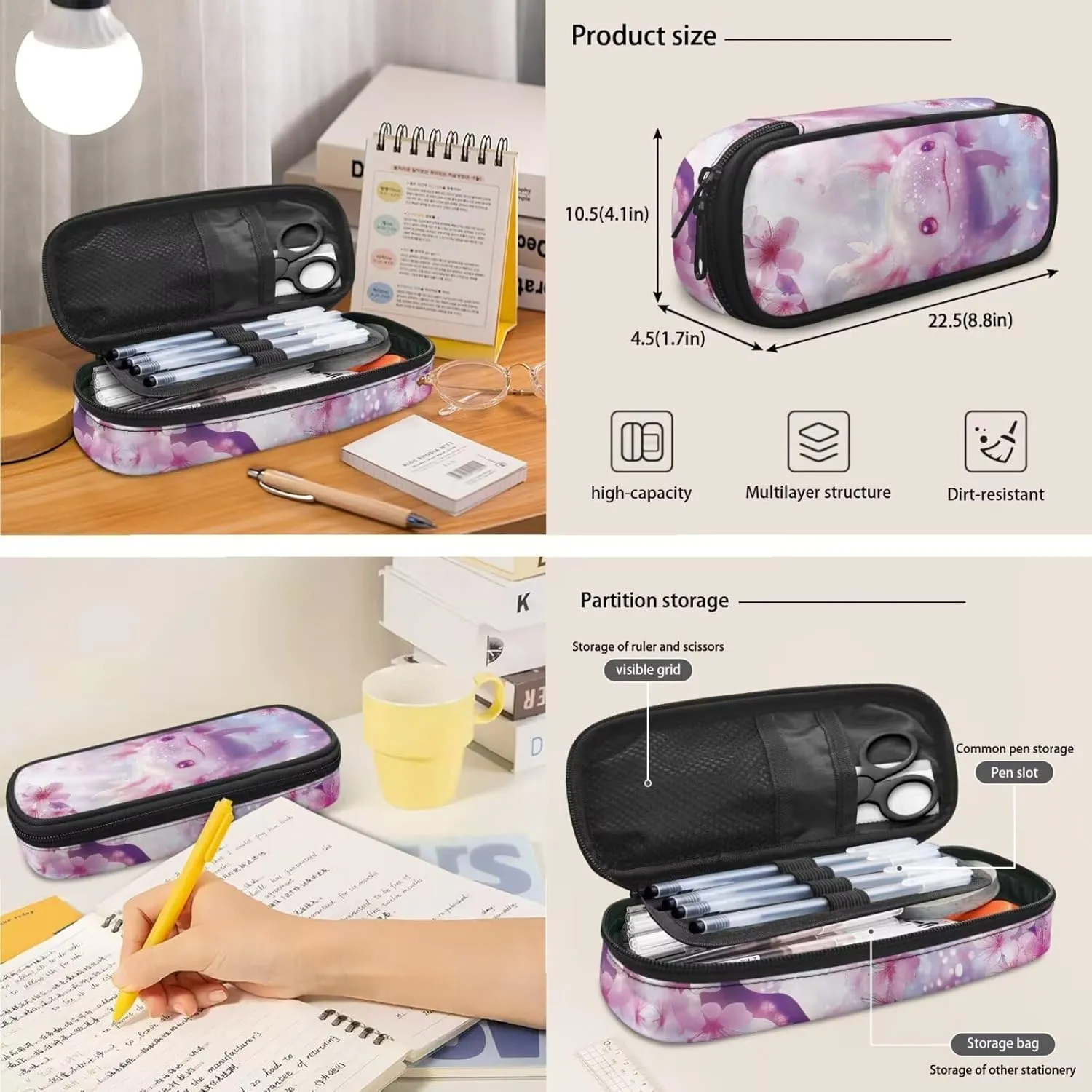 Cherry Blossom Axolotl Backpack for Girls Kids Backpack with Lunch Box and Aesthetic Pencil Case 3PCS Set Kawaii Bookbag with Compartments for School 17 inch Cute School Bag with Side Pocket