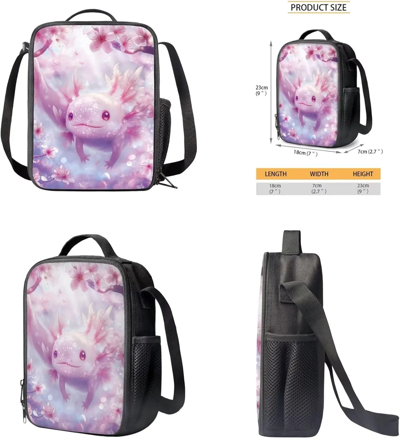 Cherry Blossom Axolotl Backpack for Girls Kids Backpack with Lunch Box and Aesthetic Pencil Case 3PCS Set Kawaii Bookbag with Compartments for School 17 inch Cute School Bag with Side Pocket
