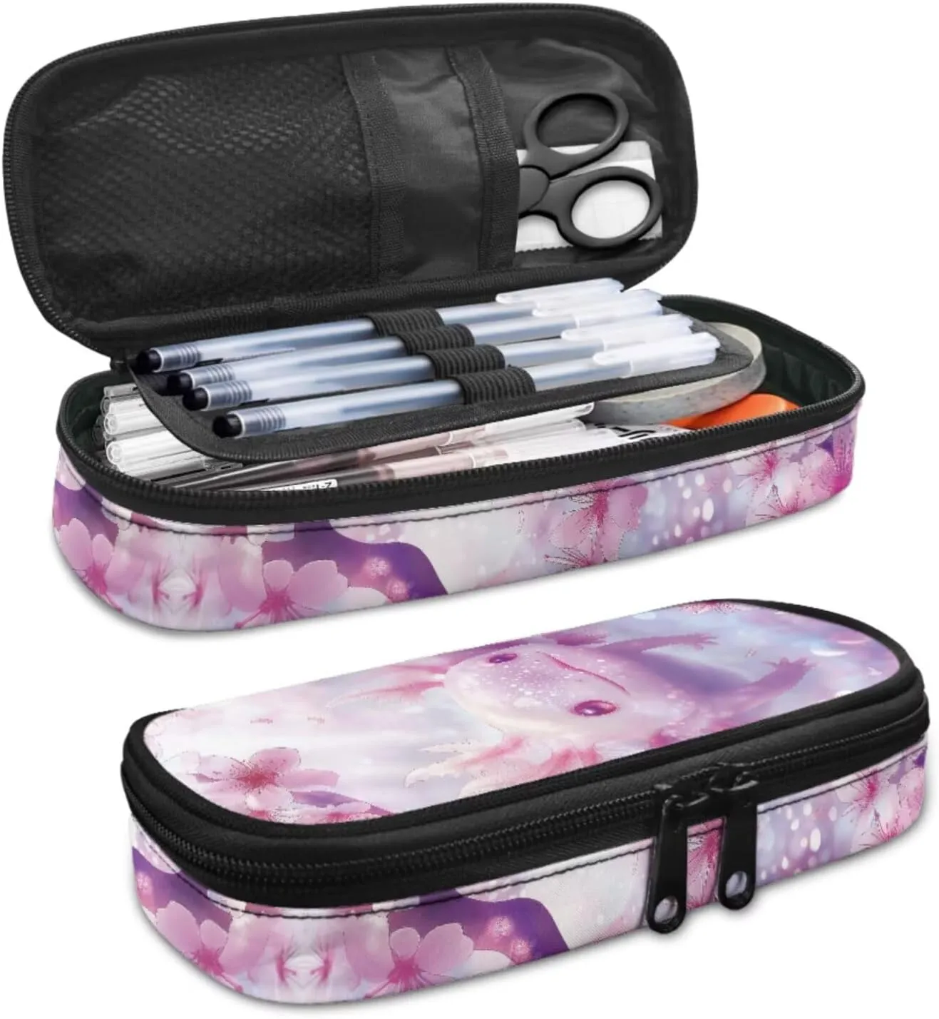 Cherry Blossom Axolotl Backpack for Girls Kids Backpack with Lunch Box and Aesthetic Pencil Case 3PCS Set Kawaii Bookbag with Compartments for School 17 inch Cute School Bag with Side Pocket