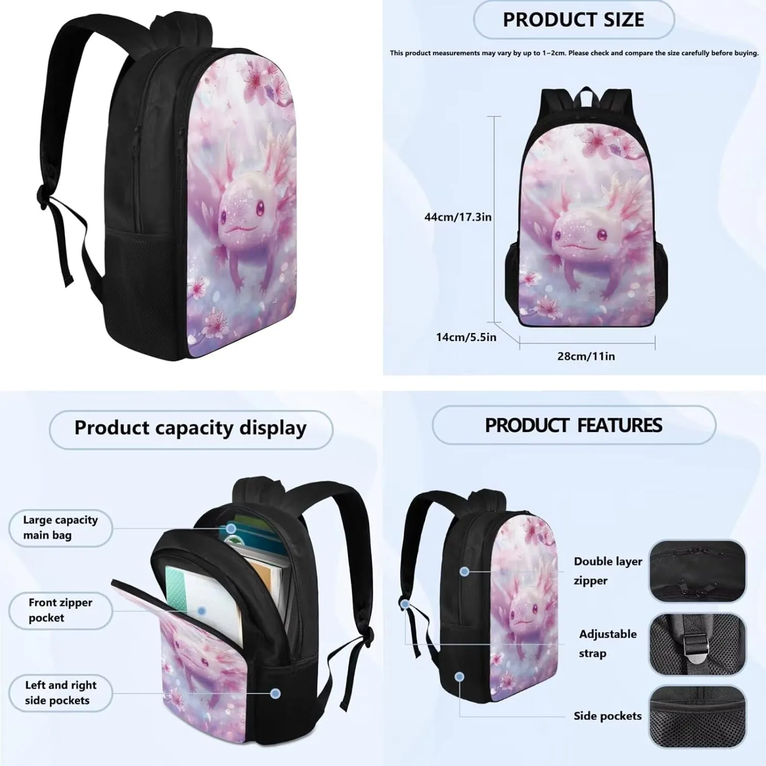 Cherry Blossom Axolotl Backpack for Girls Kids Backpack with Lunch Box and Aesthetic Pencil Case 3PCS Set Kawaii Bookbag with Compartments for School 17 inch Cute School Bag with Side Pocket