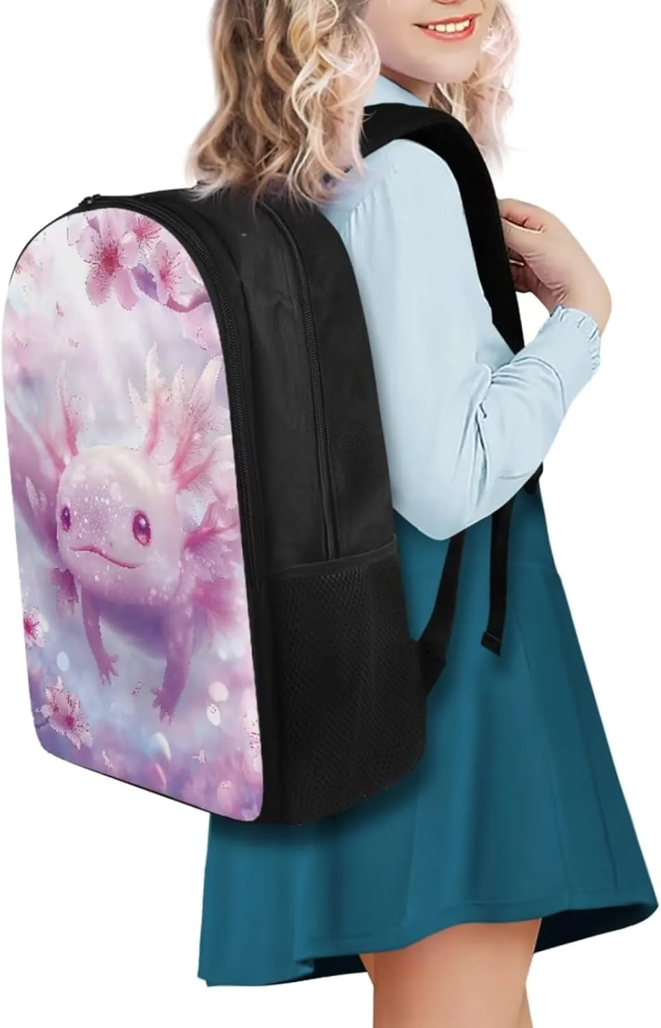 Cherry Blossom Axolotl Backpack for Girls Kids Backpack with Lunch Box and Aesthetic Pencil Case 3PCS Set Kawaii Bookbag with Compartments for School 17 inch Cute School Bag with Side Pocket