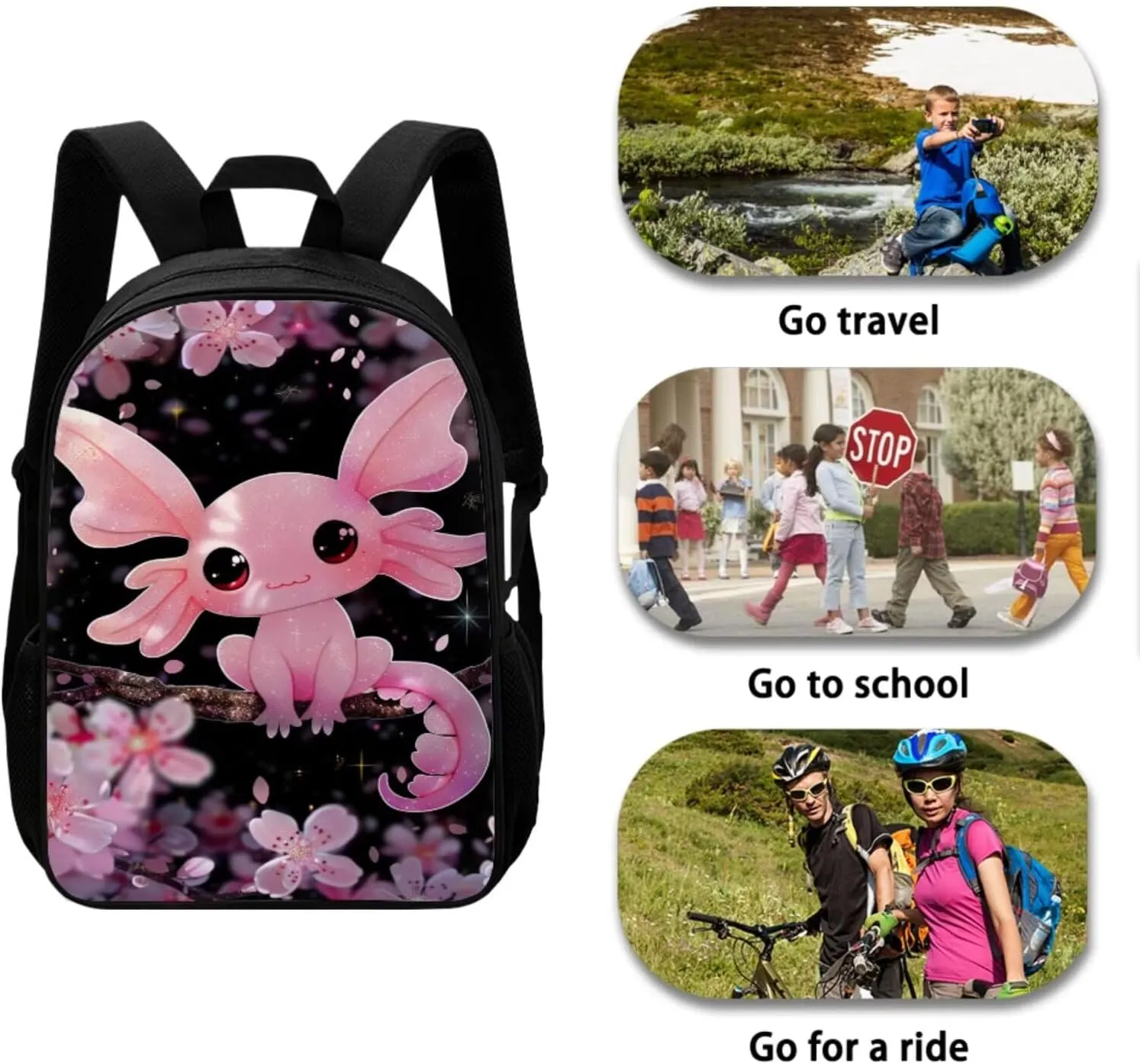 Cherry Blossom Axolotl Backpack for Girls Kids Backpack with Lunch Box and Big Pencil Case 3PCS Bookbag for Set School 17 inch Sturdy School Bag with Side Pocket Casual Daypack Backpacks