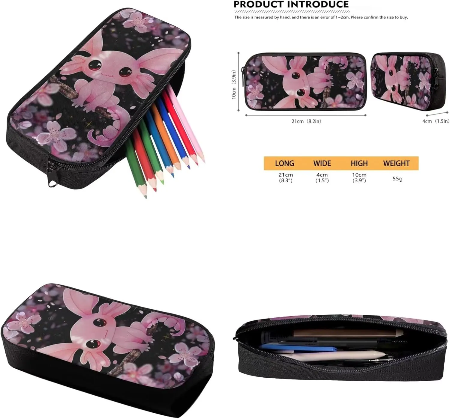 Cherry Blossom Axolotl Backpack for Girls Kids Backpack with Lunch Box and Big Pencil Case 3PCS Bookbag for Set School 17 inch Sturdy School Bag with Side Pocket Casual Daypack Backpacks