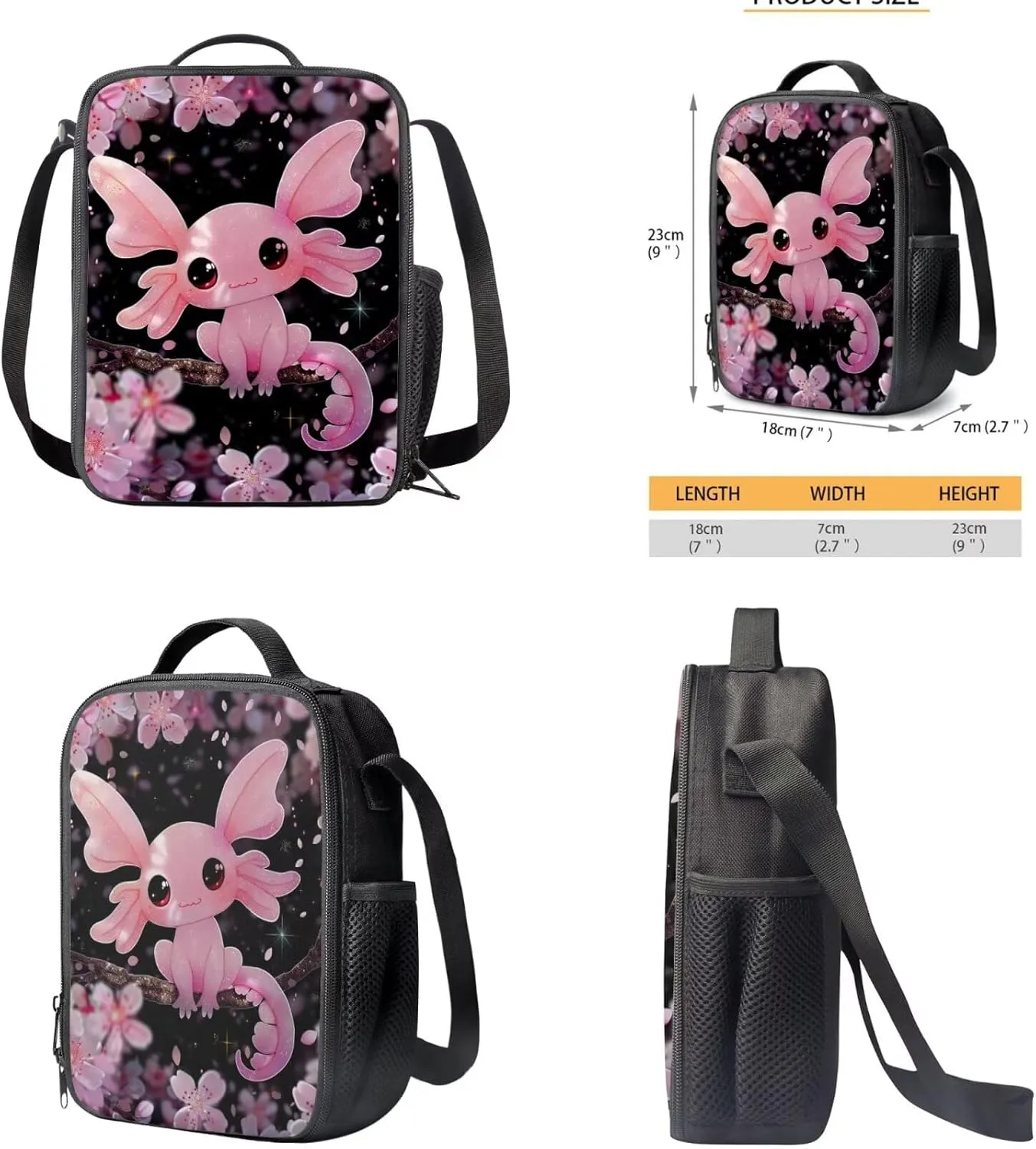 Cherry Blossom Axolotl Backpack for Girls Kids Backpack with Lunch Box and Big Pencil Case 3PCS Bookbag for Set School 17 inch Sturdy School Bag with Side Pocket Casual Daypack Backpacks
