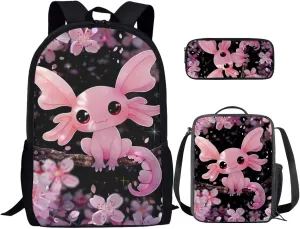 Cherry Blossom Axolotl Backpack for Girls Kids Backpack with Lunch Box and Big Pencil Case 3PCS Bookbag for Set School 17 inch Sturdy School Bag with Side Pocket Casual Daypack Backpacks