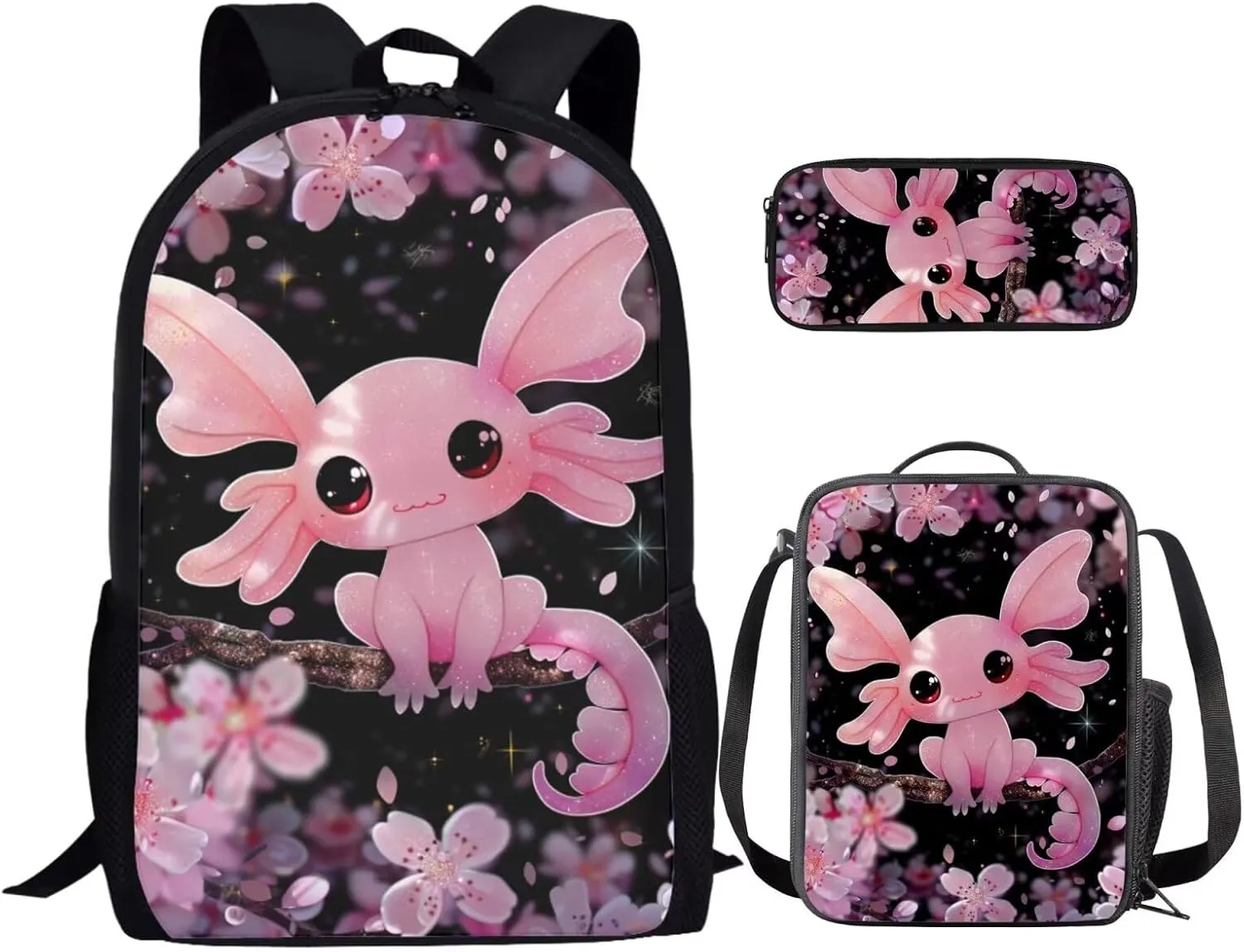 Cherry Blossom Axolotl Backpack for Girls Kids Backpack with Lunch Box and Big Pencil Case 3PCS Bookbag for Set School 17 inch Sturdy School Bag with Side Pocket Casual Daypack Backpacks