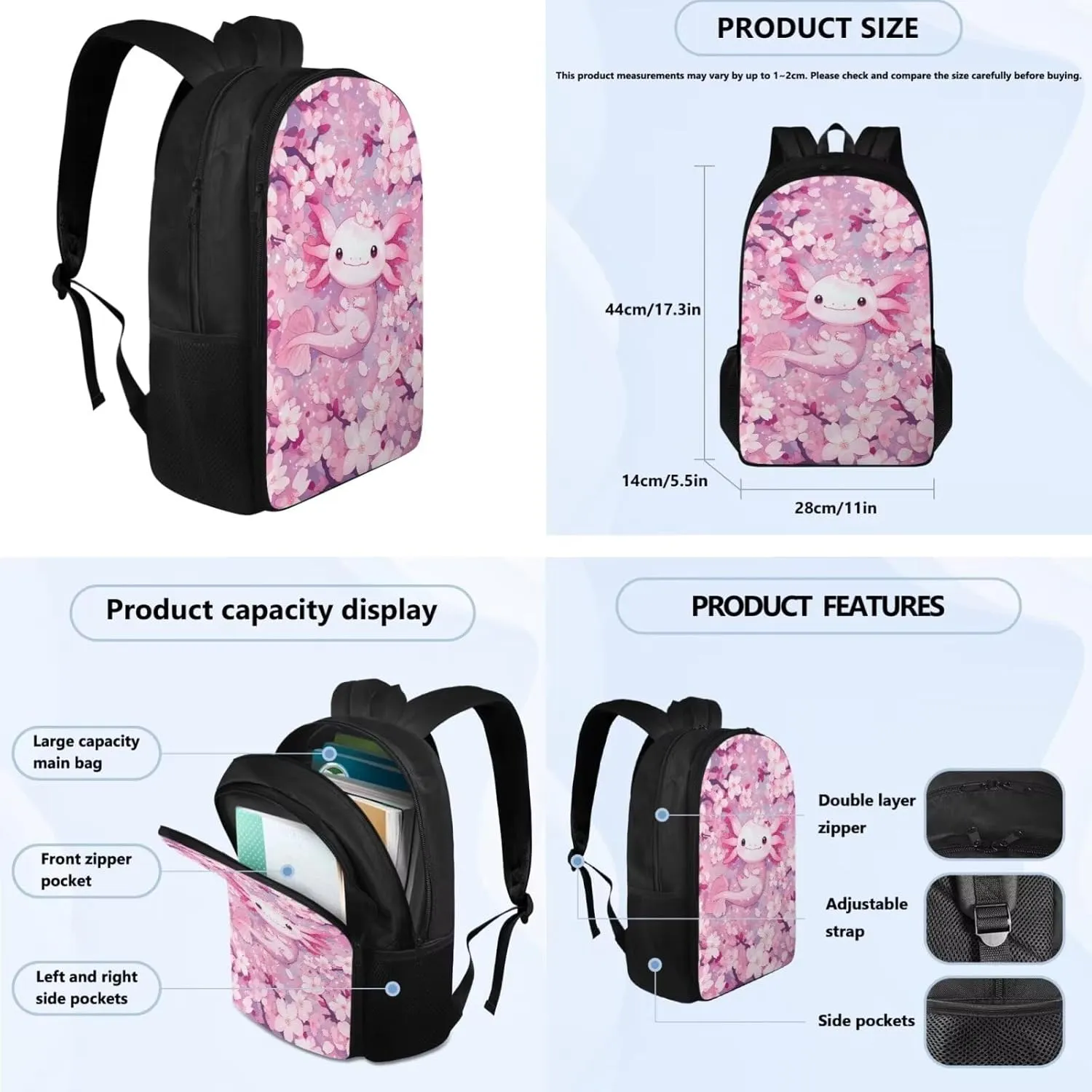 Cherry Blossom Axolotl Backpack for Girls Kids Backpack with Lunch Box and Cute Pencil Case Aesthetic Bookbag for Elementary School Girls 17 inch Large School Bag Back to School Gifts for Kids