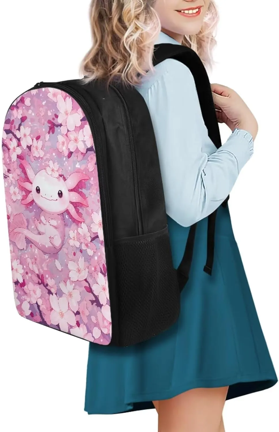 Cherry Blossom Axolotl Backpack for Girls Kids Backpack with Lunch Box and Cute Pencil Case Aesthetic Bookbag for Elementary School Girls 17 inch Large School Bag Back to School Gifts for Kids