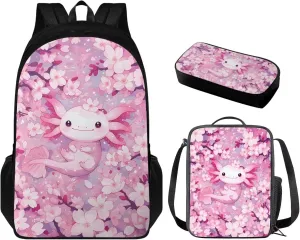 Cherry Blossom Axolotl Backpack for Girls Kids Backpack with Lunch Box and Cute Pencil Case Aesthetic Bookbag for Elementary School Girls 17 inch Large School Bag Back to School Gifts for Kids