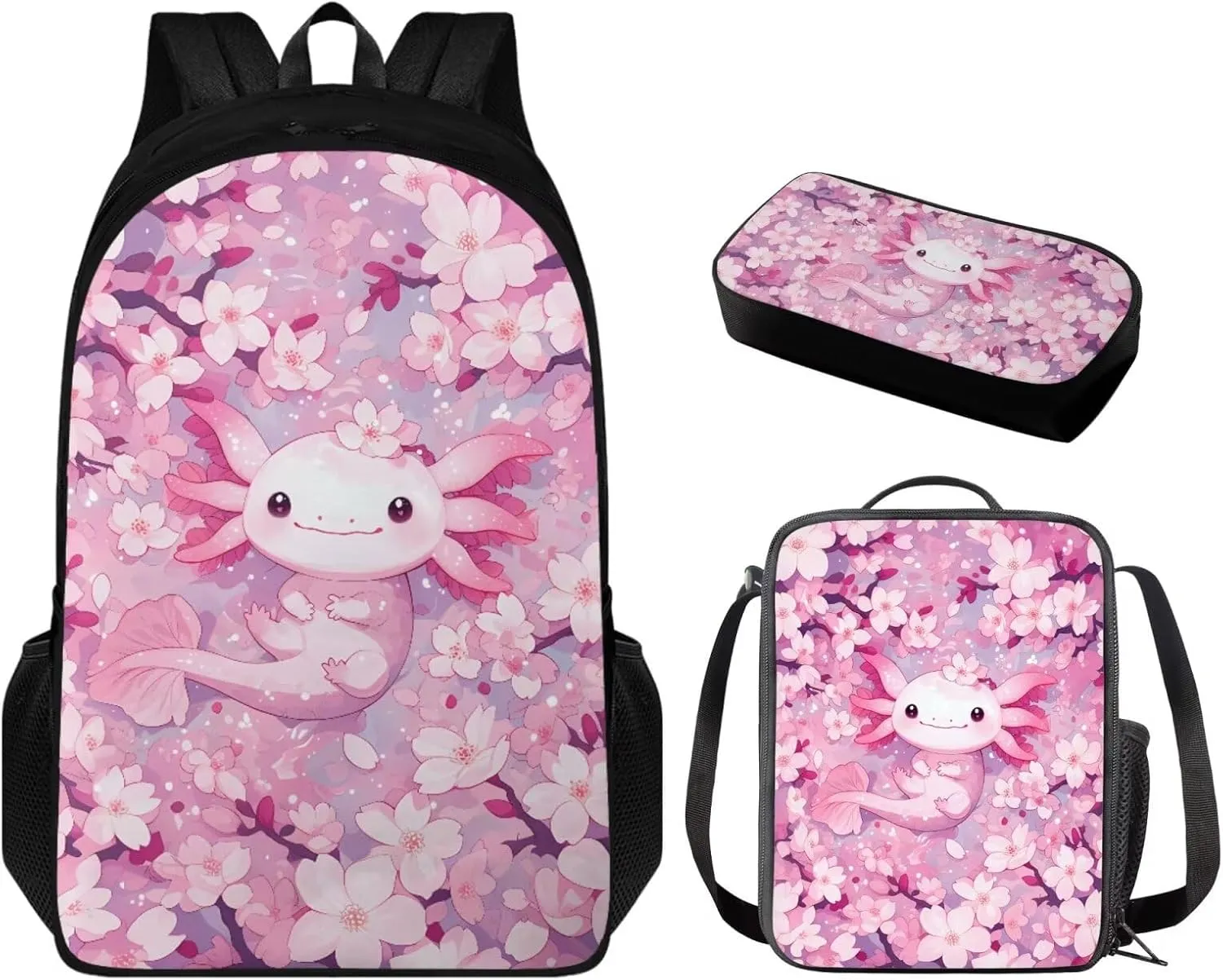 Cherry Blossom Axolotl Backpack for Girls Kids Backpack with Lunch Box and Cute Pencil Case Aesthetic Bookbag for Elementary School Girls 17 inch Large School Bag Back to School Gifts for Kids