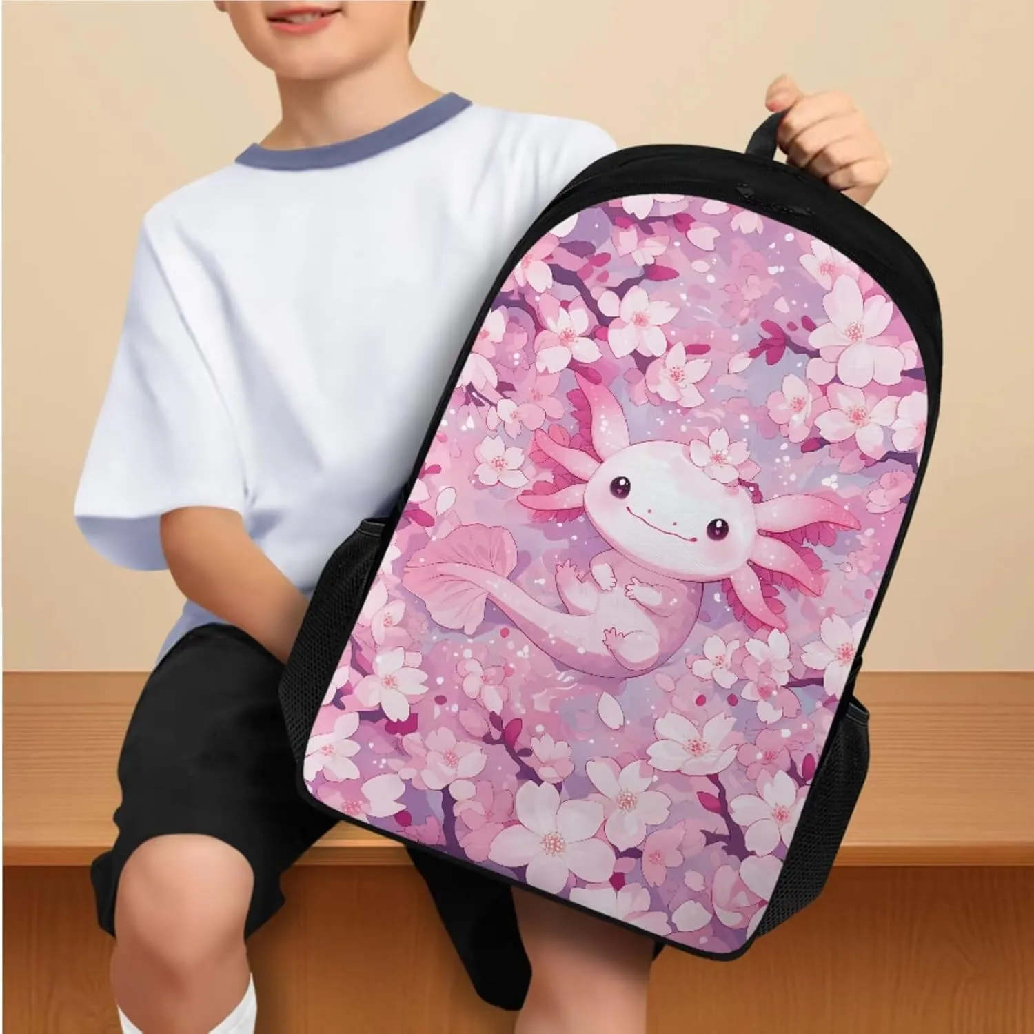 Cherry Blossom Axolotl Backpack for Girls Kids Backpack with Lunch Box and Cute Pencil Case Aesthetic Bookbag for Elementary School Girls 17 inch Large School Bag Back to School Gifts for Kids