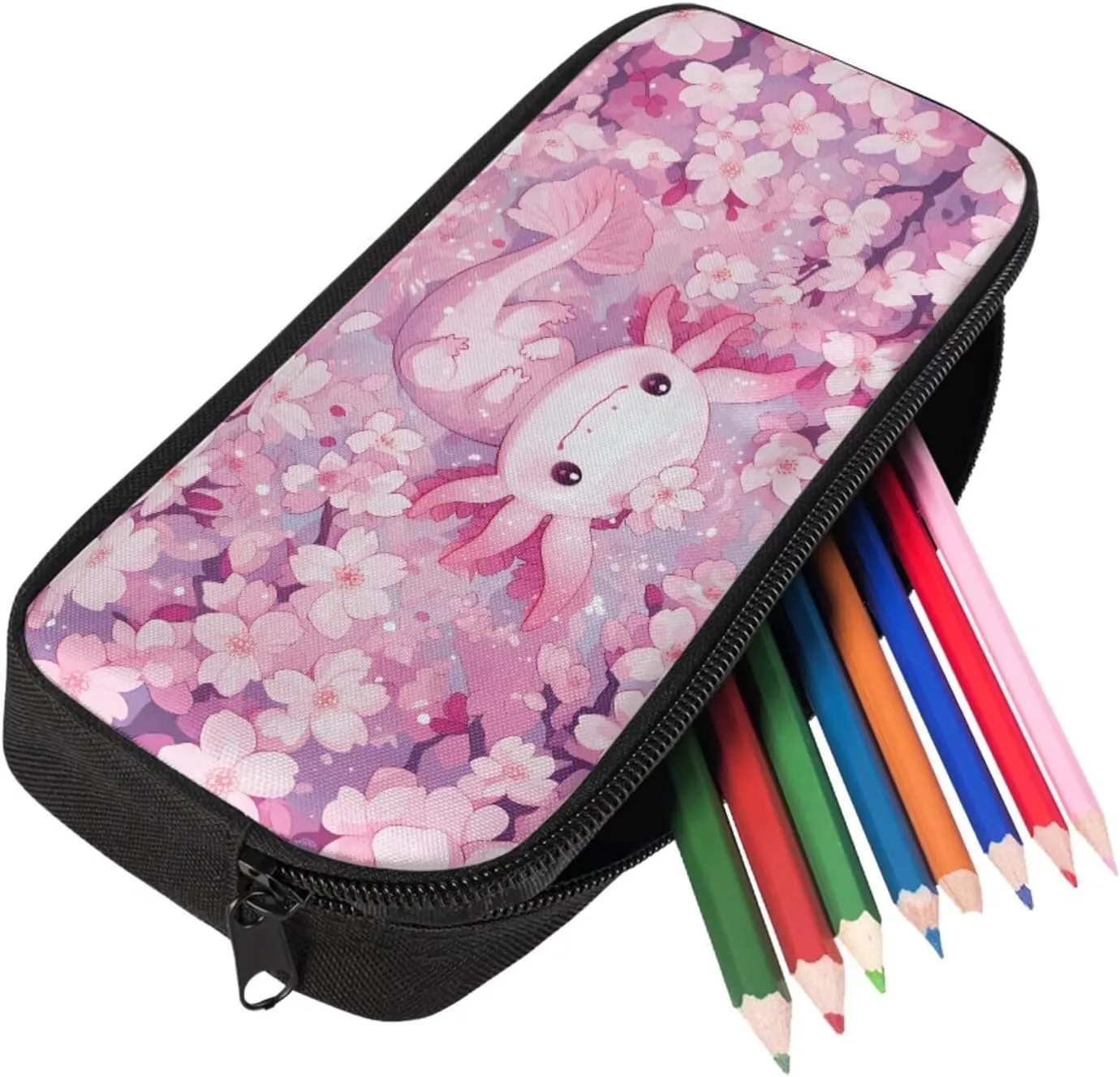 Cherry Blossom Axolotl Backpack for Girls Kids Backpack with Lunch Box and Cute Pencil Case Aesthetic Bookbag for Elementary School Girls 17 inch Large School Bag Back to School Gifts for Kids