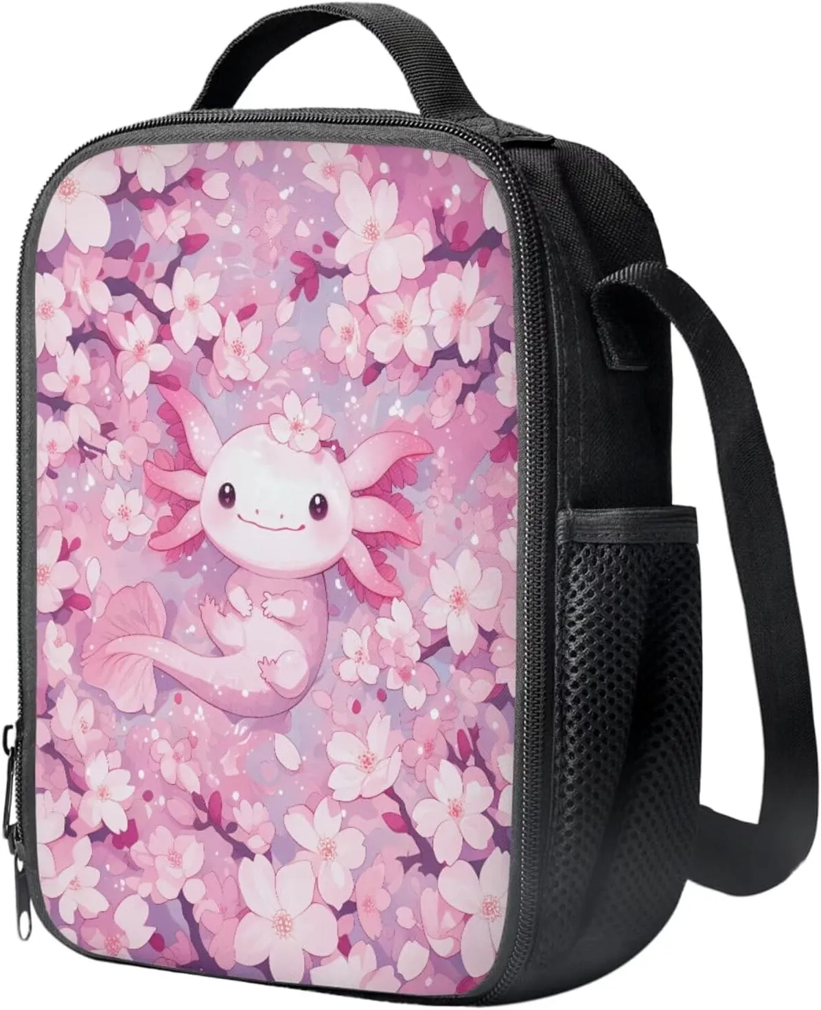 Cherry Blossom Axolotl Backpack for Girls Kids Backpack with Lunch Box and Cute Pencil Case Aesthetic Bookbag for Elementary School Girls 17 inch Large School Bag Back to School Gifts for Kids