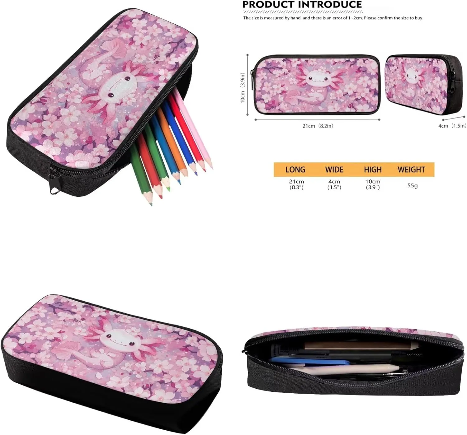 Cherry Blossom Axolotl Backpack for Girls Kids Backpack with Lunch Box and Cute Pencil Case Aesthetic Bookbag for Elementary School Girls 17 inch Large School Bag Back to School Gifts for Kids