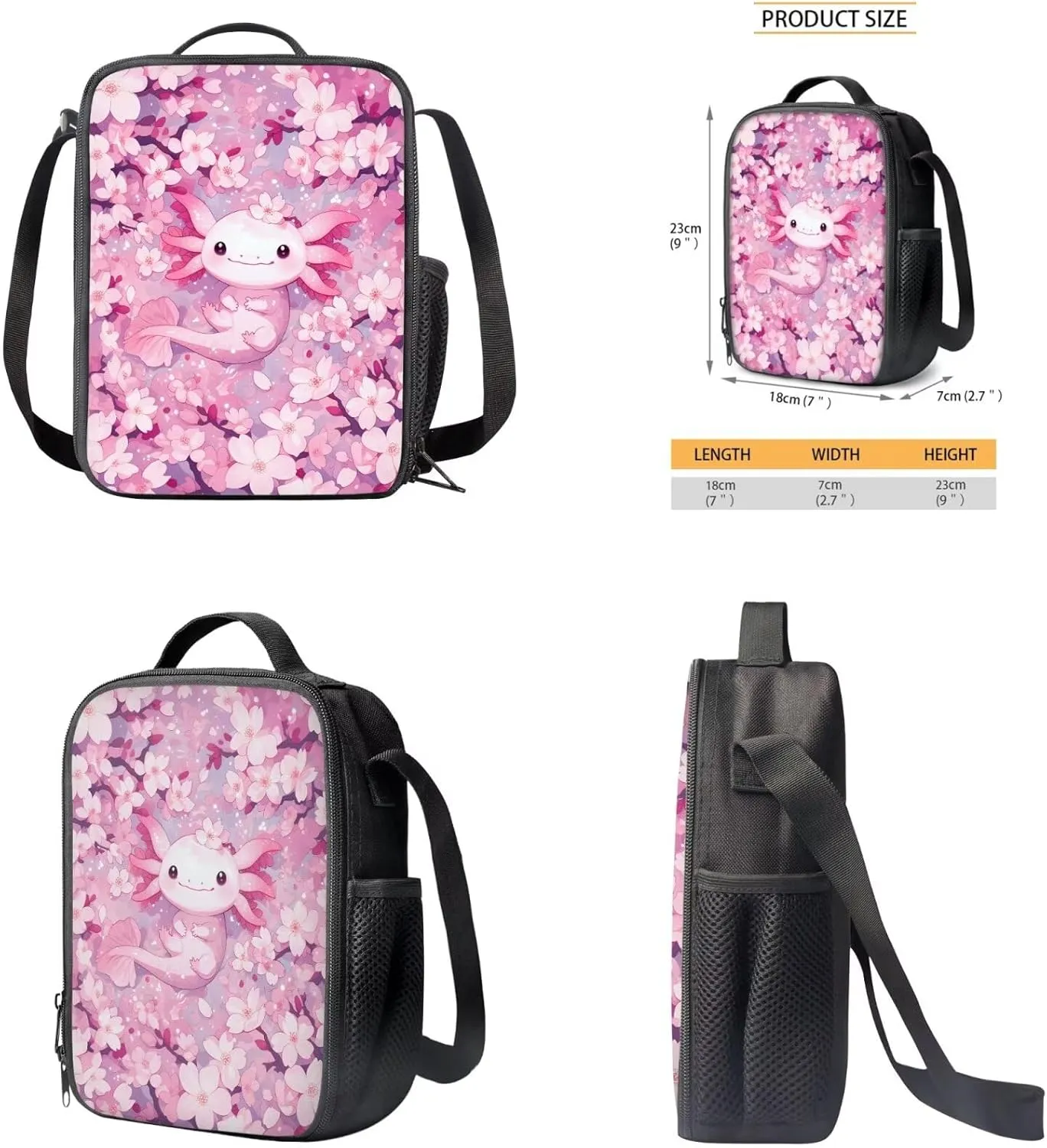 Cherry Blossom Axolotl Backpack for Girls Kids Backpack with Lunch Box and Cute Pencil Case Aesthetic Bookbag for Elementary School Girls 17 inch Large School Bag Back to School Gifts for Kids