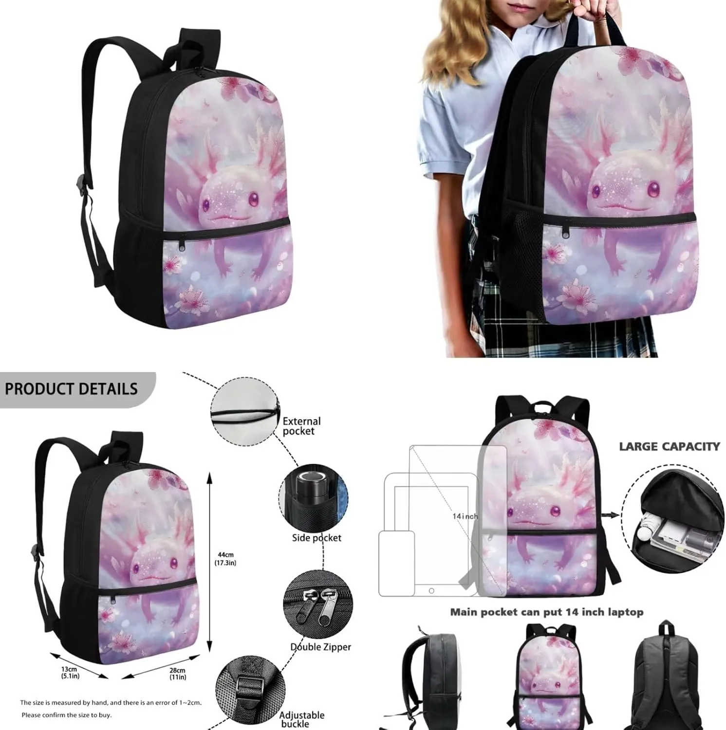Cherry Blossom Axolotl Backpack for Girls Kids Backpack with Lunch Box Water Bottle Carrier and Aesthetic Pencil Case 4PCS Set Cute Bookbag with Front Pocket for School 17" Large School Bag