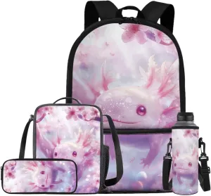 Cherry Blossom Axolotl Backpack for Girls Kids Backpack with Lunch Box Water Bottle Carrier and Aesthetic Pencil Case 4PCS Set Cute Bookbag with Front Pocket for School 17" Large School Bag