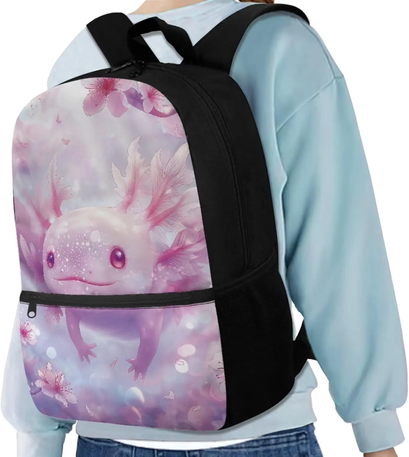 Cherry Blossom Axolotl Backpack for Girls Kids Backpack with Lunch Box Water Bottle Carrier and Aesthetic Pencil Case 4PCS Set Cute Bookbag with Front Pocket for School 17" Large School Bag