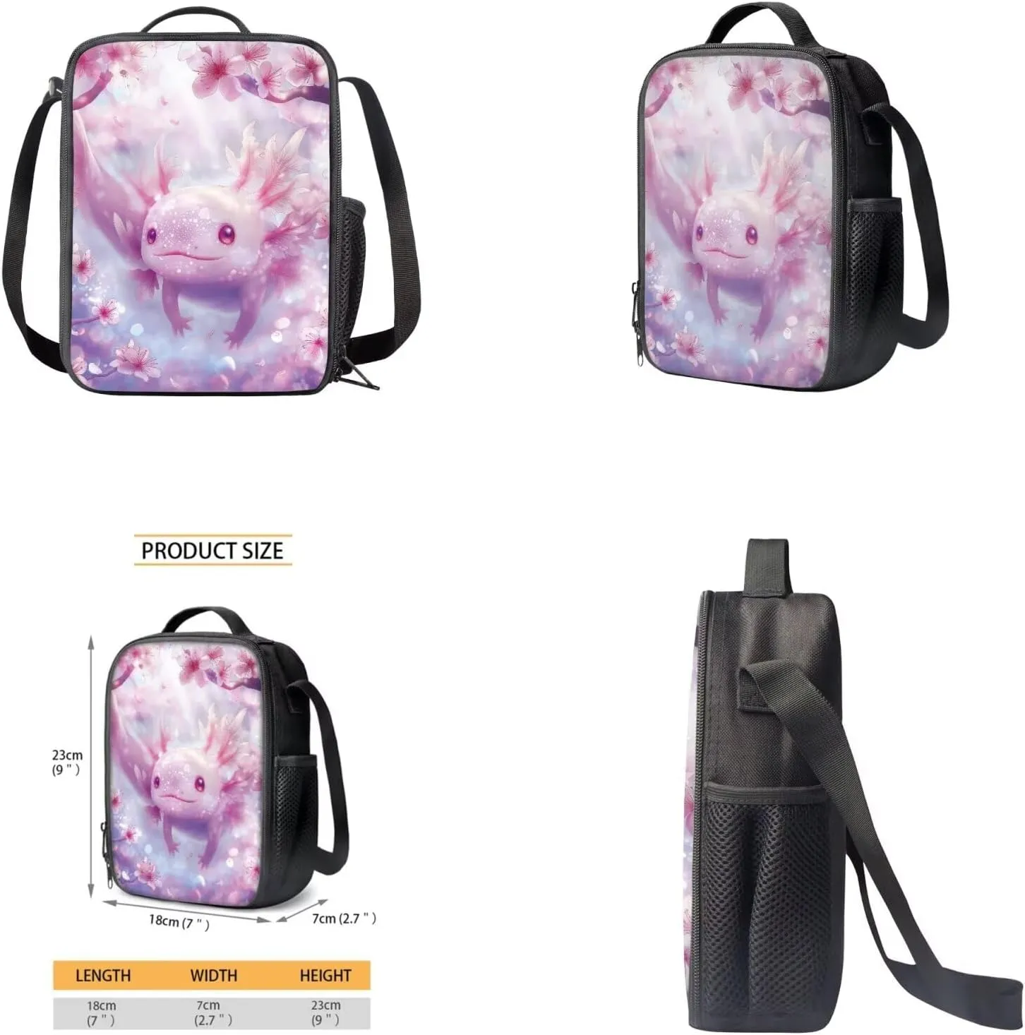 Cherry Blossom Axolotl Backpack for Girls Kids Backpack with Lunch Box Water Bottle Carrier and Aesthetic Pencil Case 4PCS Set Cute Bookbag with Front Pocket for School 17" Large School Bag