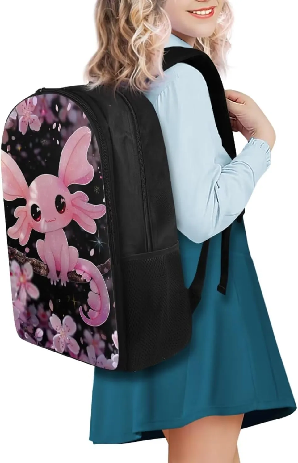 Cherry Blossom Axolotl Backpack for Girls Kids Backpack with Lunch Box Water Bottle Carrier with Strap and Big Pencil Case 4PCS Bookbag with Compartments for School 17 inch Sturdy School Bag