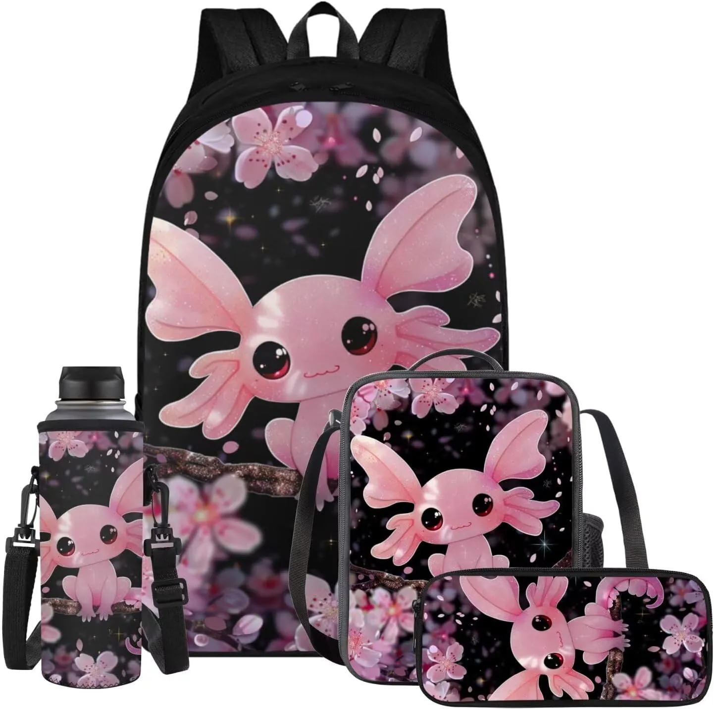 Cherry Blossom Axolotl Backpack for Girls Kids Backpack with Lunch Box Water Bottle Carrier with Strap and Big Pencil Case 4PCS Bookbag with Compartments for School 17 inch Sturdy School Bag