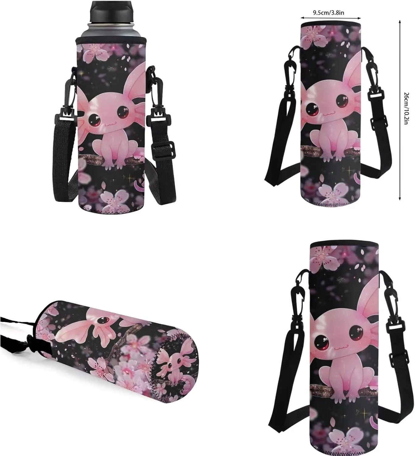 Cherry Blossom Axolotl Backpack for Girls Kids Backpack with Lunch Box Water Bottle Carrier with Strap and Big Pencil Case 4PCS Bookbag with Compartments for School 17 inch Sturdy School Bag